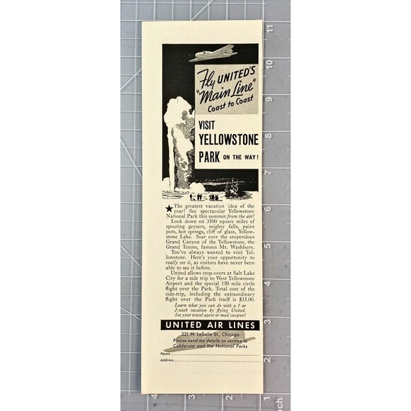 United Air Lines Fly United's "Main Line Coast to Coast Visit Yellowstone Ad '36 - Picture 2 of 3
